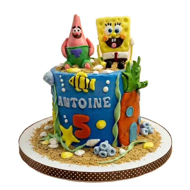 Custom under-the-sea kids birthday cake by Cakeville Scarborough with SpongeBob and Patrick figures and name inscription