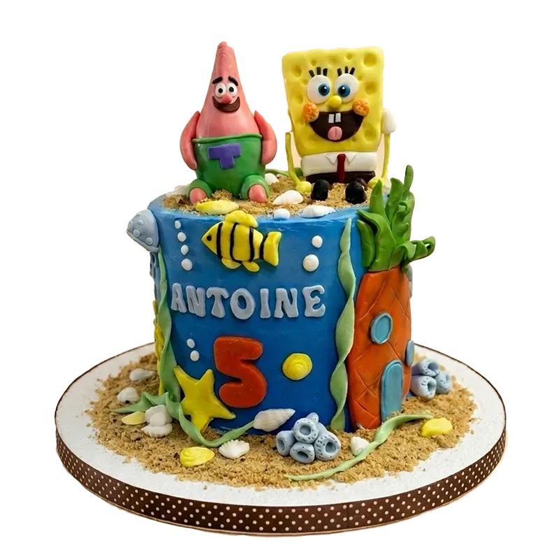 Custom under-the-sea kids birthday cake by Cakeville Scarborough with SpongeBob and Patrick figures and name inscription