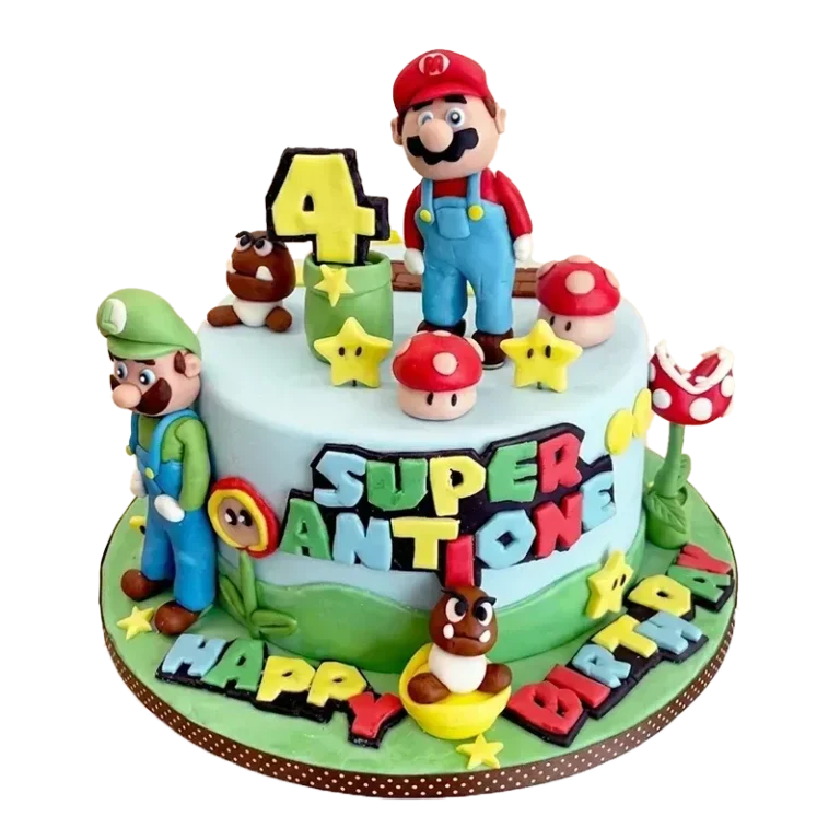 Custom Super Mario kids birthday cake by Cakeville Scarborough with Mario and Luigi figures and name inscription