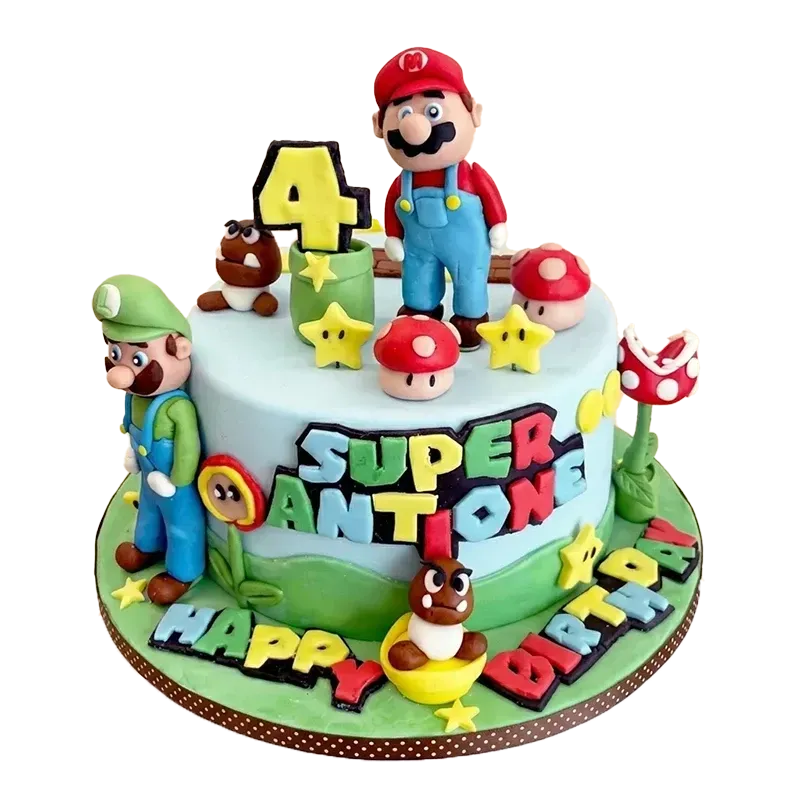 Custom Super Mario kids birthday cake by Cakeville Scarborough with Mario and Luigi figures and name inscription