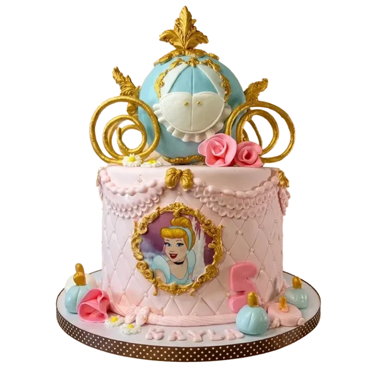 Pink Cinderella birthday cake with pumpkin carriage topper, Cinderella portrait, pink roses, and blue pumpkin accents