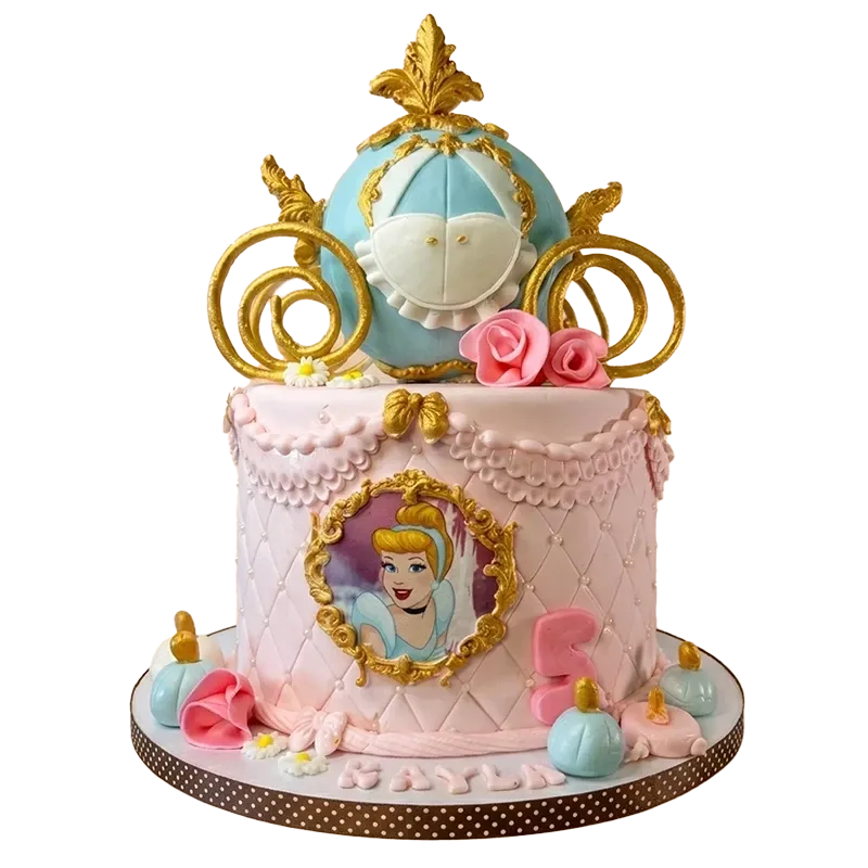 Pink Cinderella birthday cake with pumpkin carriage topper, Cinderella portrait, pink roses, and blue pumpkin accents
