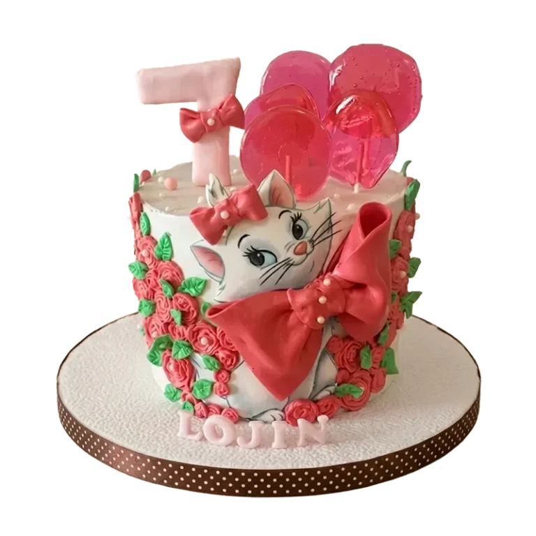 Marie cat birthday cake with Marie figure, red roses, pink heart balloon toppers, and Lojin name inscription