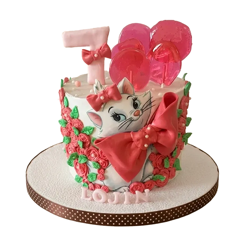 Marie cat birthday cake with Marie figure, red roses, pink heart balloon toppers, and Lojin name inscription
