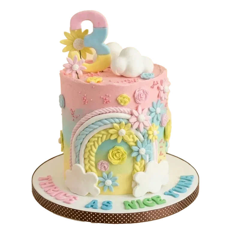 Pastel sky and garden birthday cake with rainbow, clouds, colorful flowers, number three, and Thrice as Nice Yuna inscription