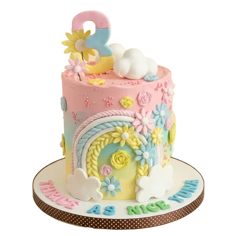 Pastel sky and garden birthday cake with rainbow, clouds, colorful flowers, number three, and Thrice as Nice Yuna inscription