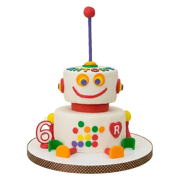 3D robot birthday cake with smiling robot head, colorful polka dots, number six, and Anton name inscription