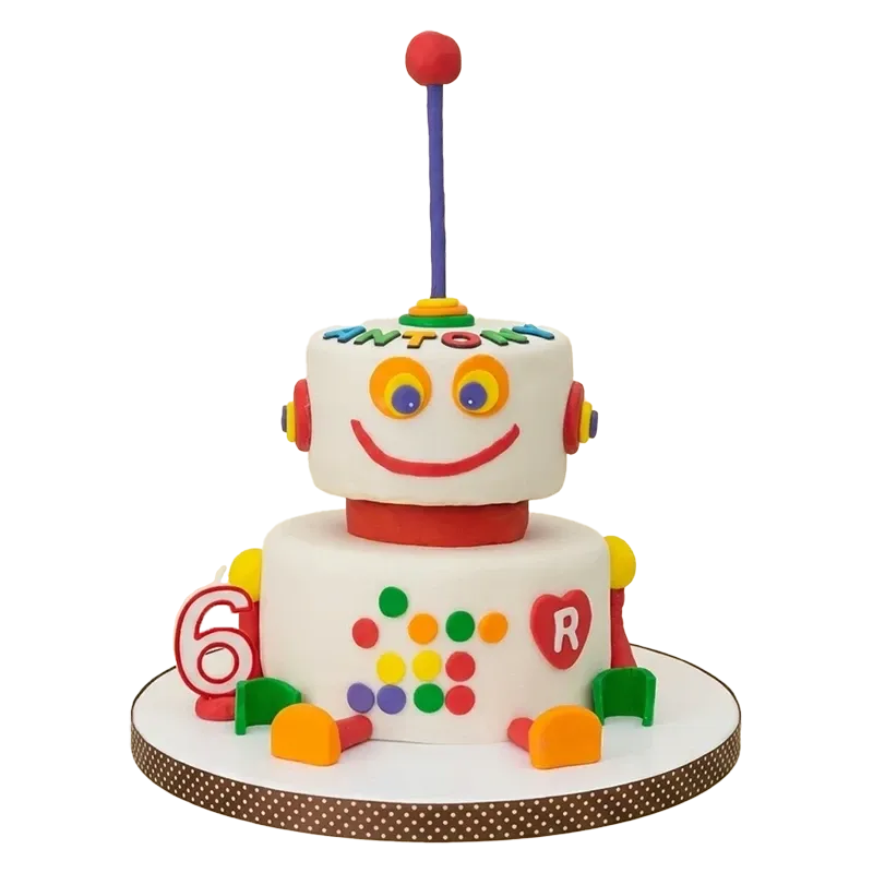 3D robot birthday cake with smiling robot head, colorful polka dots, number six, and Anton name inscription