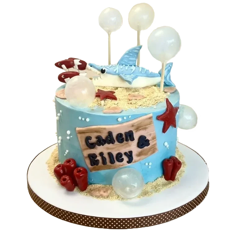 Ocean birthday cake with shark figure, starfish, coral, sand texture, and Caden and Riley name inscription