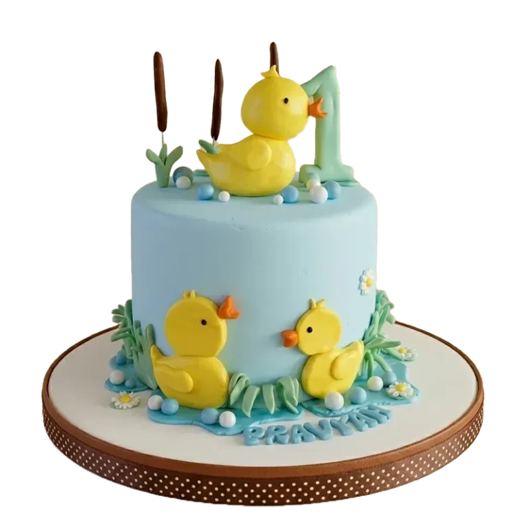 Light blue first birthday cake with yellow rubber ducks, cattails, number one topper, and Pravyah inscription