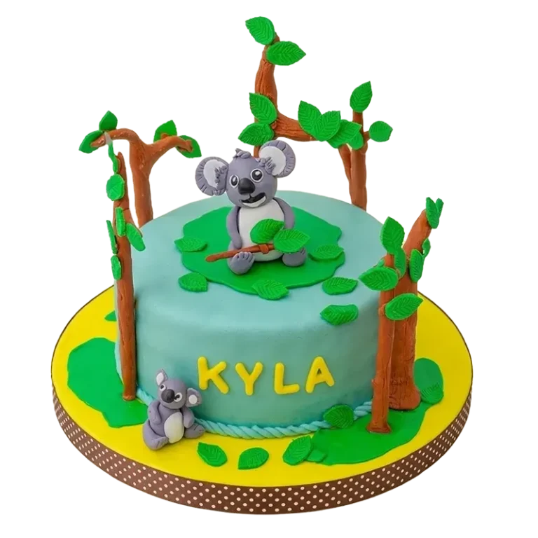 Koala treetop birthday cake with koala figures in eucalyptus trees and Kyla name inscription