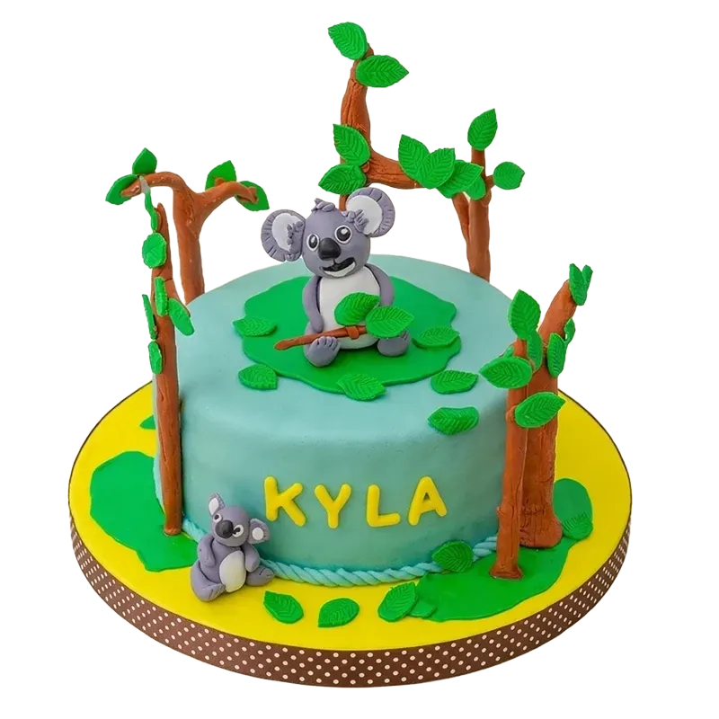 Koala treetop birthday cake with koala figures in eucalyptus trees and Kyla name inscription