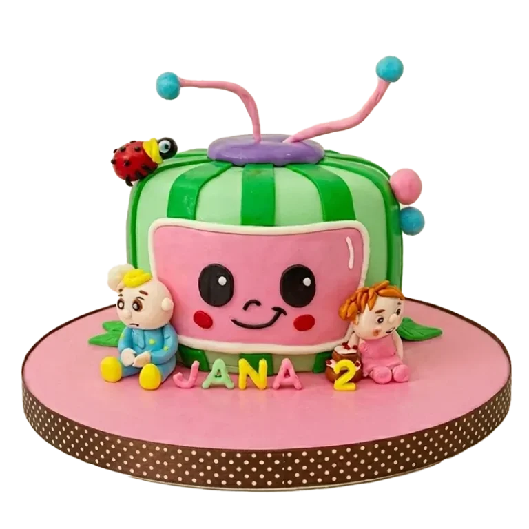 CoComelon watermelon TV birthday cake with JJ and Nina figures, ladybug, and Jana 2 name inscription