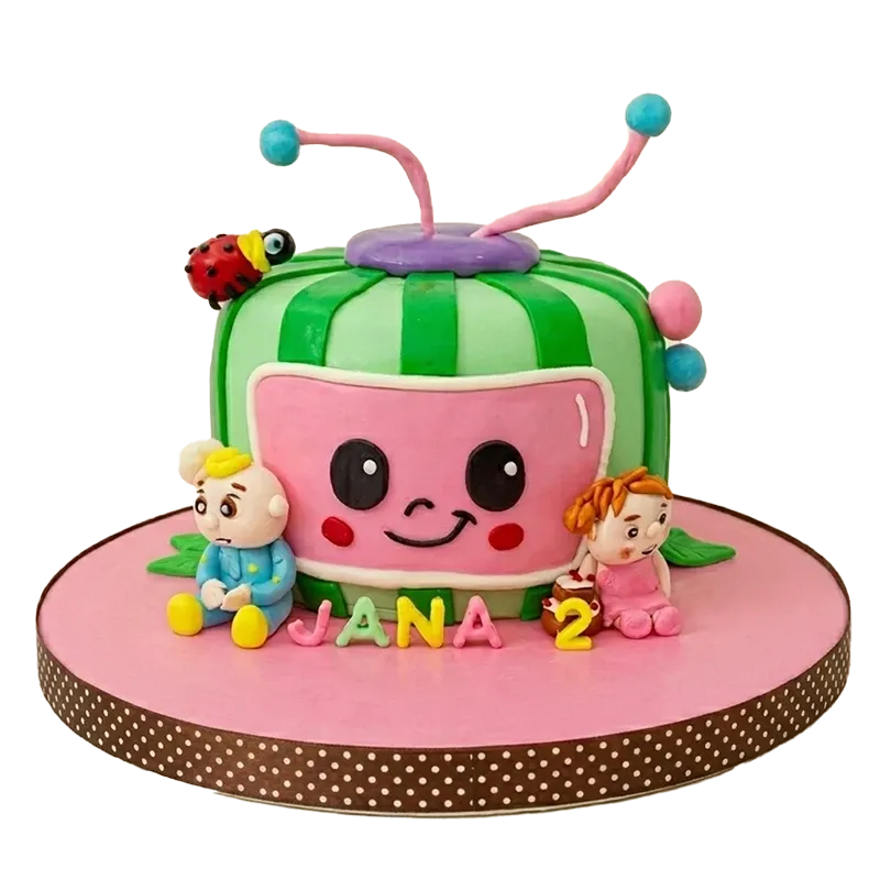 CoComelon watermelon TV birthday cake with JJ and Nina figures, ladybug, and Jana 2 name inscription