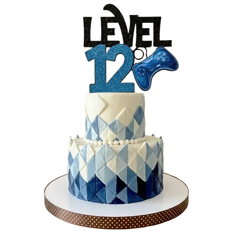 Two-tier geometric gamer birthday cake with blue diamond pattern and Level 12 game controller topper