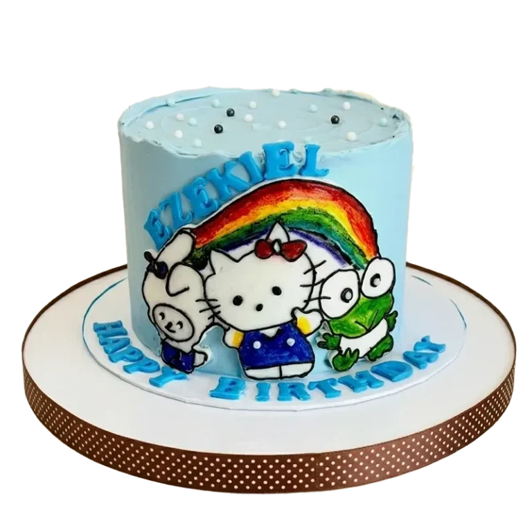 Light blue Sanrio birthday cake with Hello Kitty, My Melody, Keroppi, rainbow, and Ezekiel Happy Birthday inscription