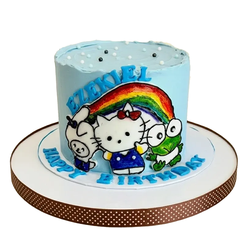 Light blue Sanrio birthday cake with Hello Kitty, My Melody, Keroppi, rainbow, and Ezekiel Happy Birthday inscription