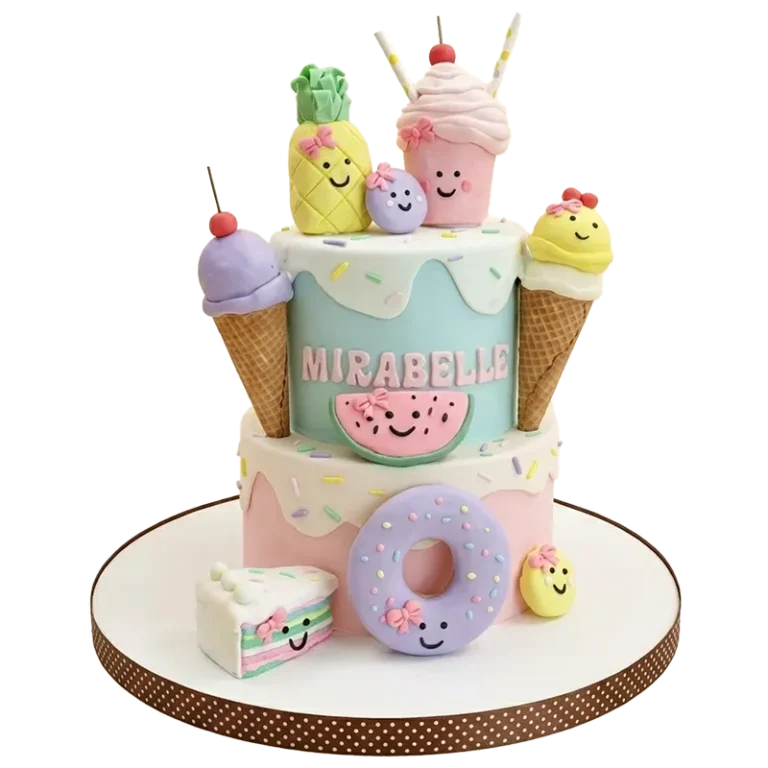 Two-tier kawaii birthday cake with smiling fruit and ice cream figures, donut, and Mirabelle name inscription