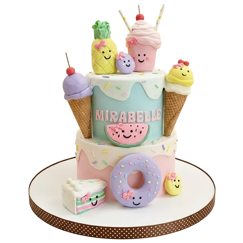 Two-tier kawaii birthday cake with smiling fruit and ice cream figures, donut, and Mirabelle name inscription