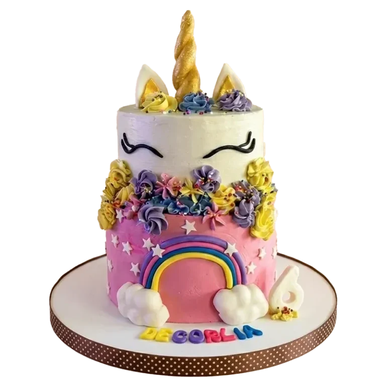 Two-tier unicorn birthday cake with gold horn, rainbow, colorful flowers, and De Gorlia name inscription