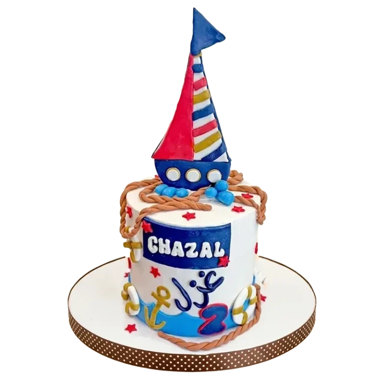 Nautical birthday cake with sailboat topper, rope border, anchors, and Chazal name and number two inscription
