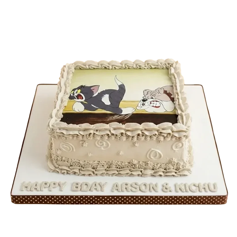 Square birthday cake with Tom and Jerry edible image topper and Happy Bday Arson and Kichu inscription