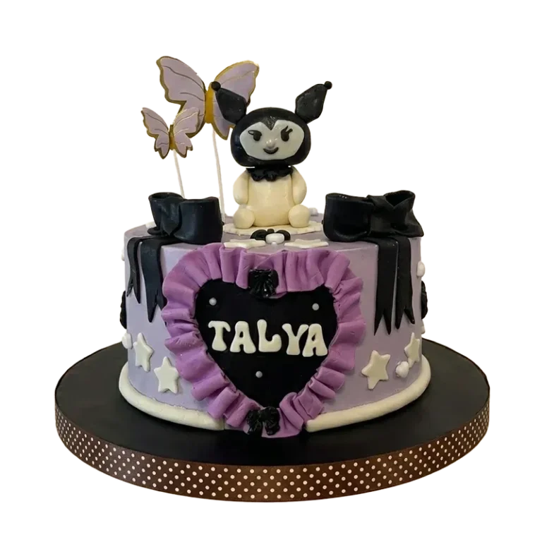 Purple Kuromi birthday cake with Kuromi figure, butterfly toppers, black drip, and Talya name heart