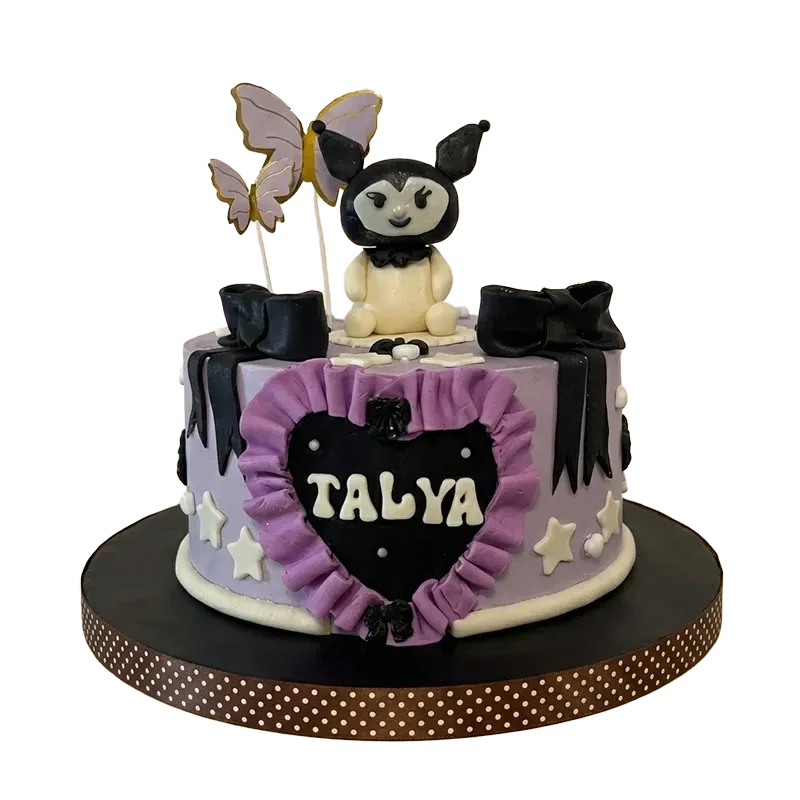 Purple Kuromi birthday cake with Kuromi figure, butterfly toppers, black drip, and Talya name heart
