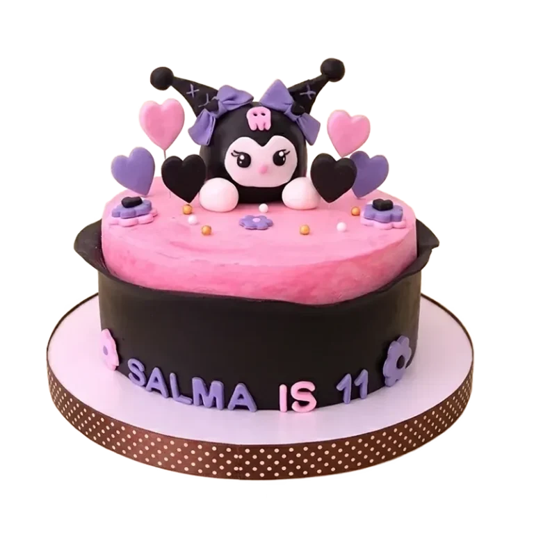 Two-tier Kuromi birthday cake with Kuromi figure, pink hearts, and Salma is 11 inscription