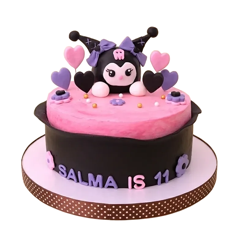 Two-tier Kuromi birthday cake with Kuromi figure, pink hearts, and Salma is 11 inscription