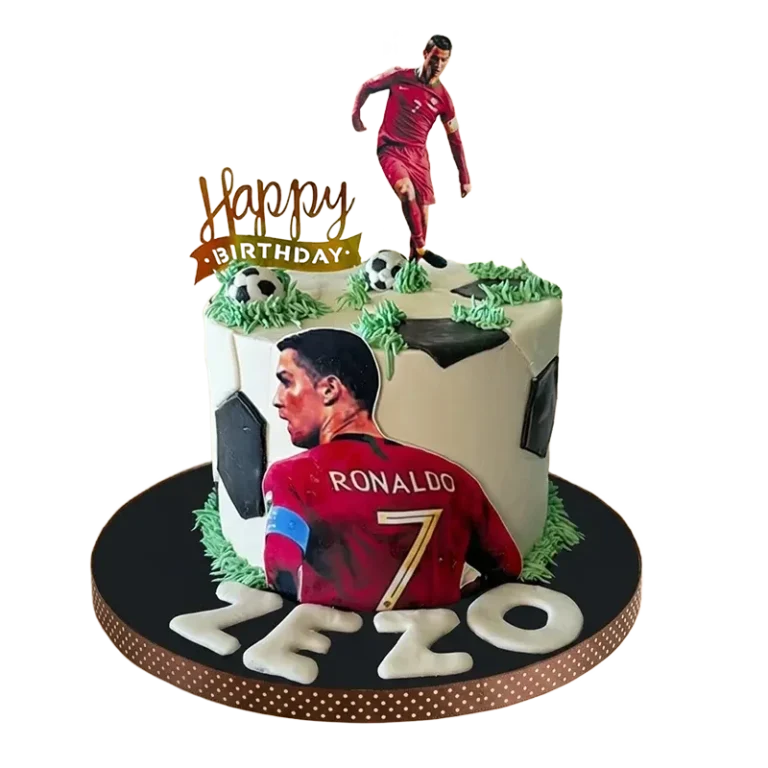 Soccer birthday cake with Ronaldo number 7 jersey, player figure, soccer balls, and Zezo name inscription