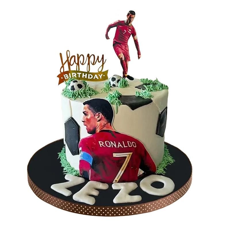 Soccer birthday cake with Ronaldo number 7 jersey, player figure, soccer balls, and Zezo name inscription