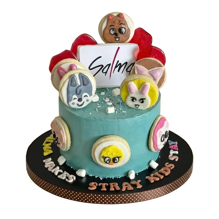 Teal Stray Kids Skzoo birthday cake with character cookies, name plaque, and Stray Kids Stay inscription