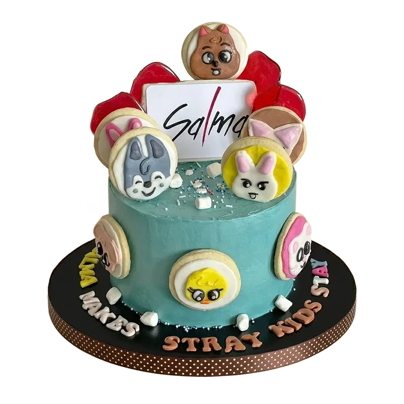 Teal Stray Kids Skzoo birthday cake with character cookies, name plaque, and Stray Kids Stay inscription