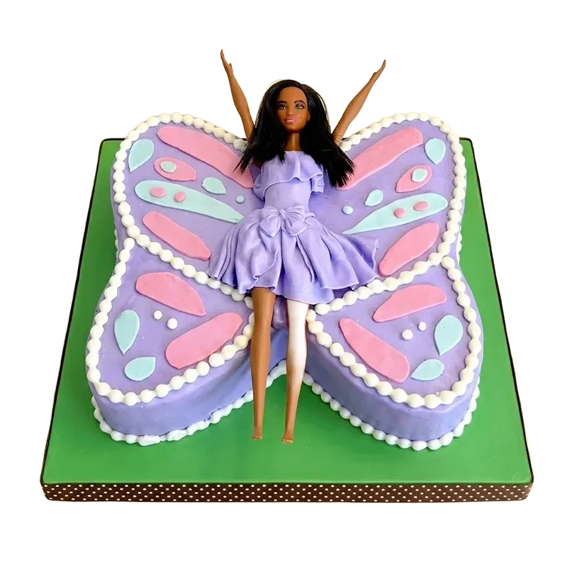 Purple butterfly-shaped birthday cake with Barbie doll centerpiece and pastel pink and teal wing designs