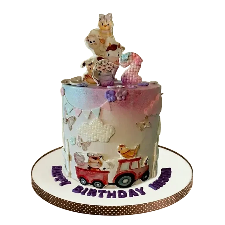 Pastel birthday cake with cute farm animal figures, tractor, bunting flags, and cloud decorations