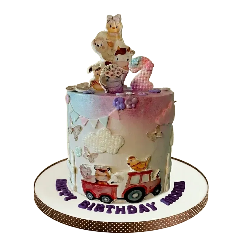 Pastel birthday cake with cute farm animal figures, tractor, bunting flags, and cloud decorations