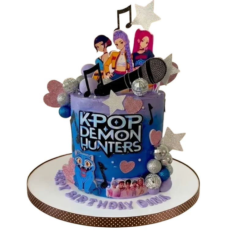 Blue K-Pop Demon Hunters birthday cake with anime characters, microphone, and disco ball decorations