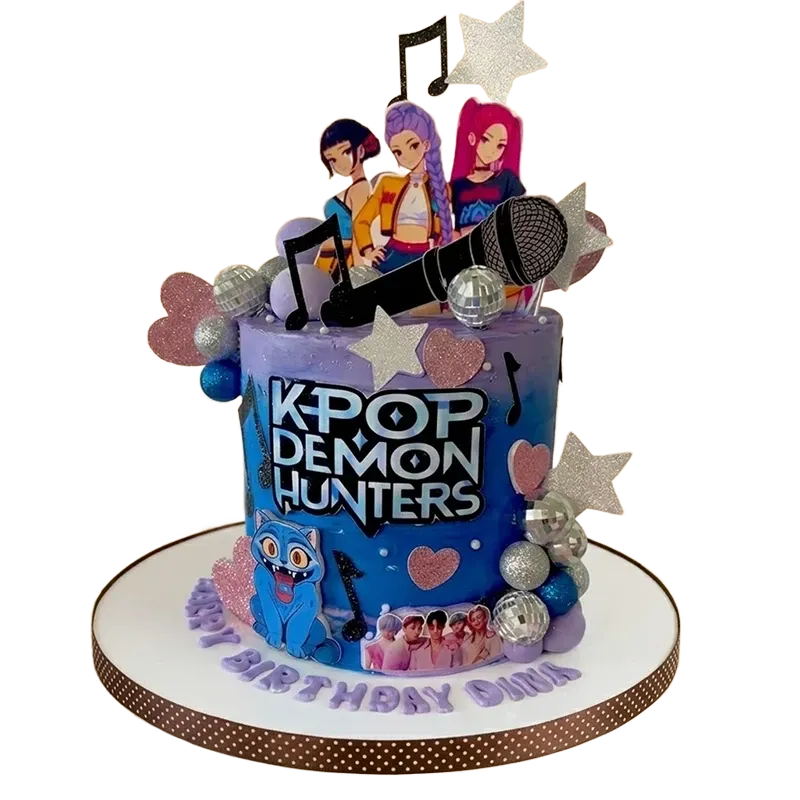Blue K-Pop Demon Hunters birthday cake with anime characters, microphone, and disco ball decorations