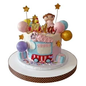 Pastel ice cream truck birthday cake with girl figure, gold stars, and colorful balloon clusters
