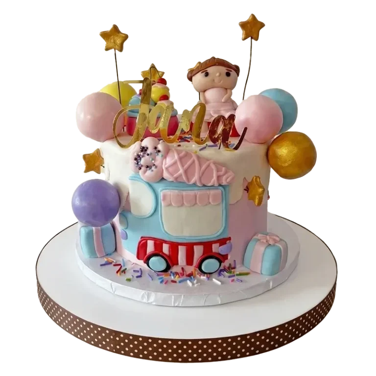 Pastel ice cream truck birthday cake with girl figure, gold stars, and colorful balloon clusters