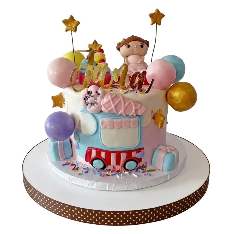 Pastel ice cream truck birthday cake with girl figure, gold stars, and colorful balloon clusters