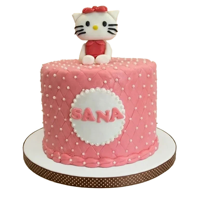 Pink quilted birthday cake with Hello Kitty figure topper, pearl dots, and name medallion