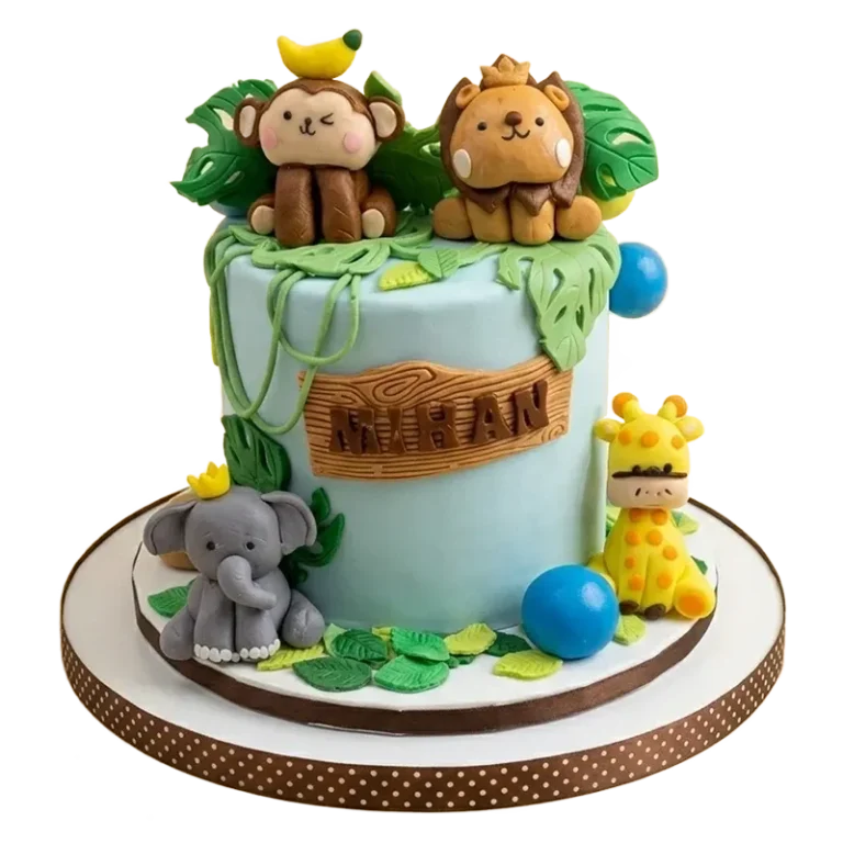 Jungle safari birthday cake with monkey, lion, elephant, and giraffe figures on tropical leaves