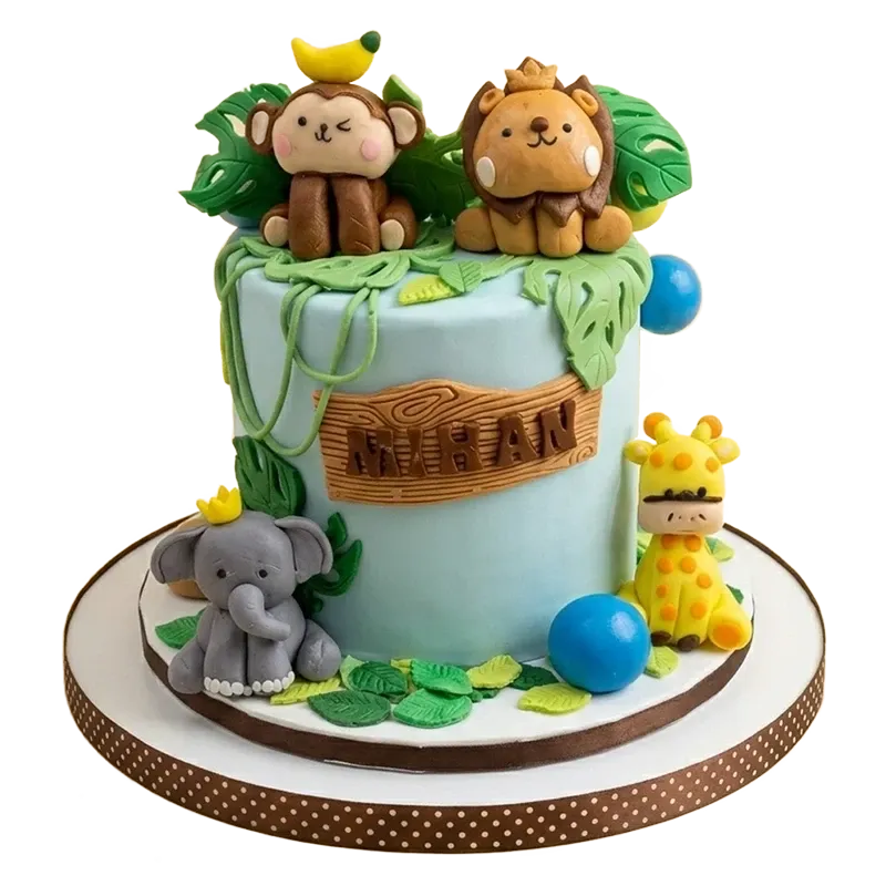 Jungle safari birthday cake with monkey, lion, elephant, and giraffe figures on tropical leaves