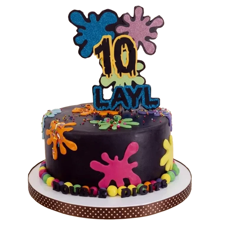 Dark graffiti-style 10th birthday cake with neon paint splats, name topper, and Double Digits inscription