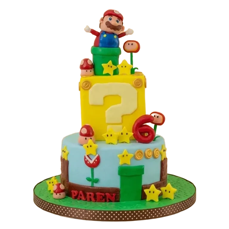 Two-tier Super Mario birthday cake with Mario figure, question block, gold stars, and piranha plants