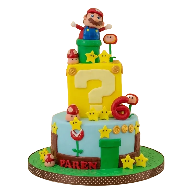 Two-tier Super Mario birthday cake with Mario figure, question block, gold stars, and piranha plants