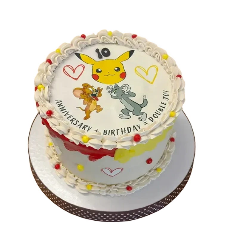 Two-tier anniversary birthday cake with Pikachu, Tom and Jerry characters, hearts, and Double Joy inscription