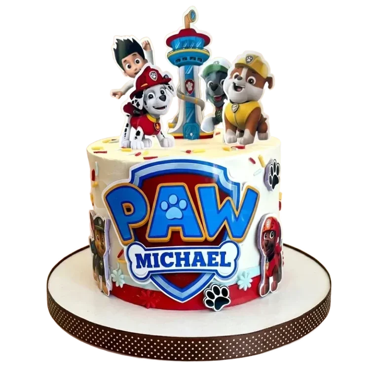 PAW Patrol kids birthday cake with Marshall, Chase, Rubble and Ryder figures topper and paw logo
